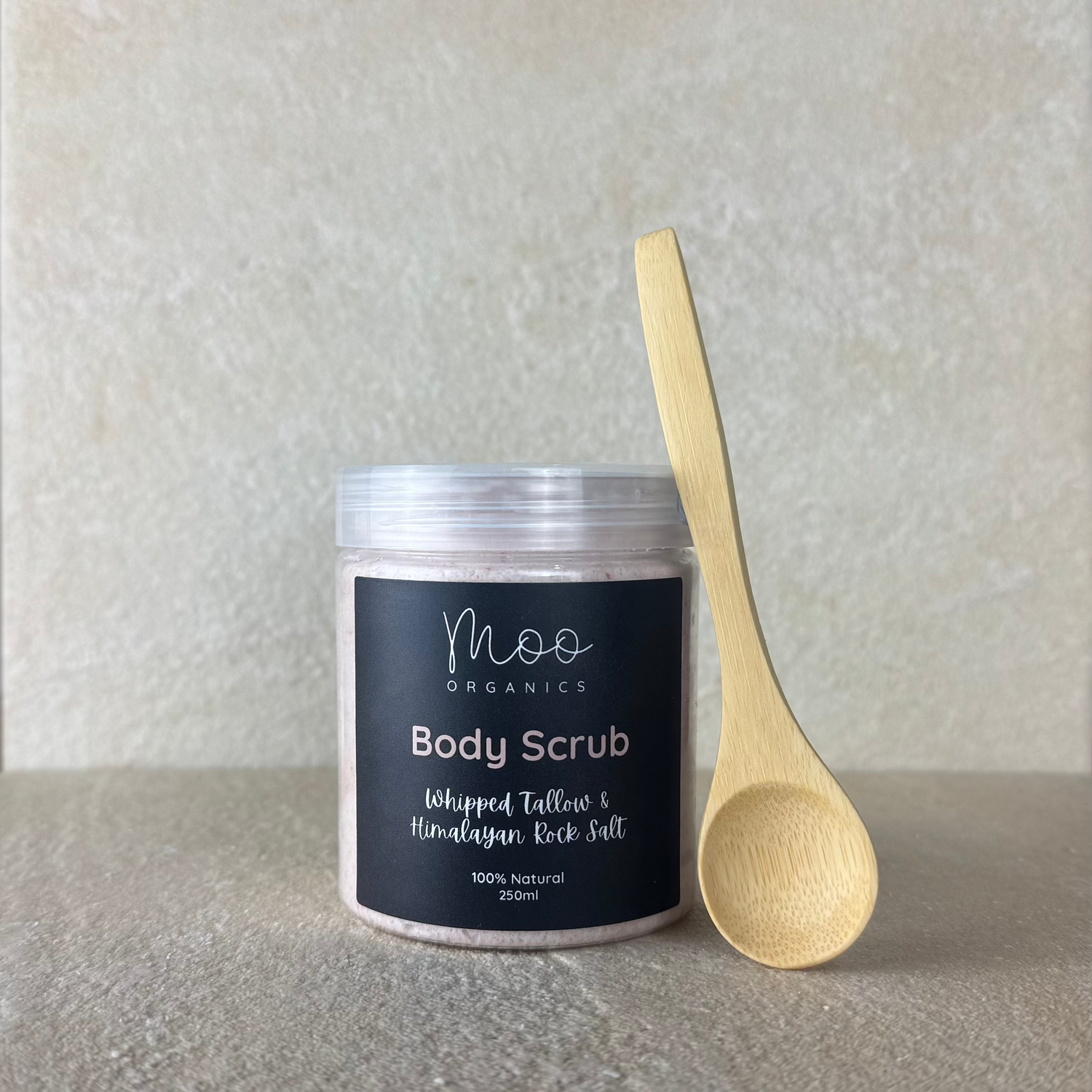 Body scrub with tallow and Himalayan rock salt, made with grass-fed beef tallow to naturally exfoliate, nourish, and hydrate the skin, leaving it smooth and refreshed
