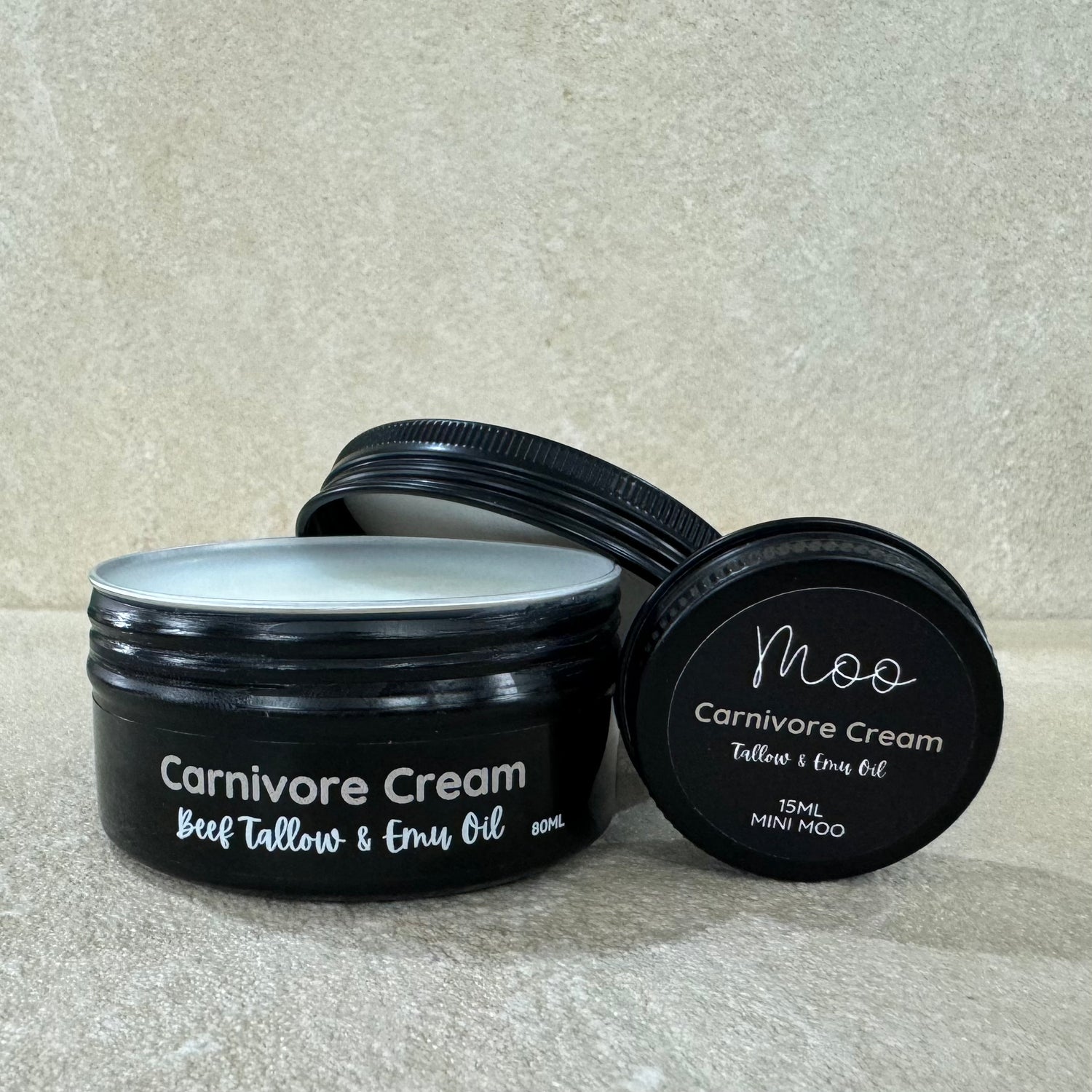 Carnivore Cream tallow in 15ml and 80ml sizes, made with grass-fed beef tallow, a rich, water-free moisturiser designed to deeply nourish, hydrate, and support healthy skin naturally