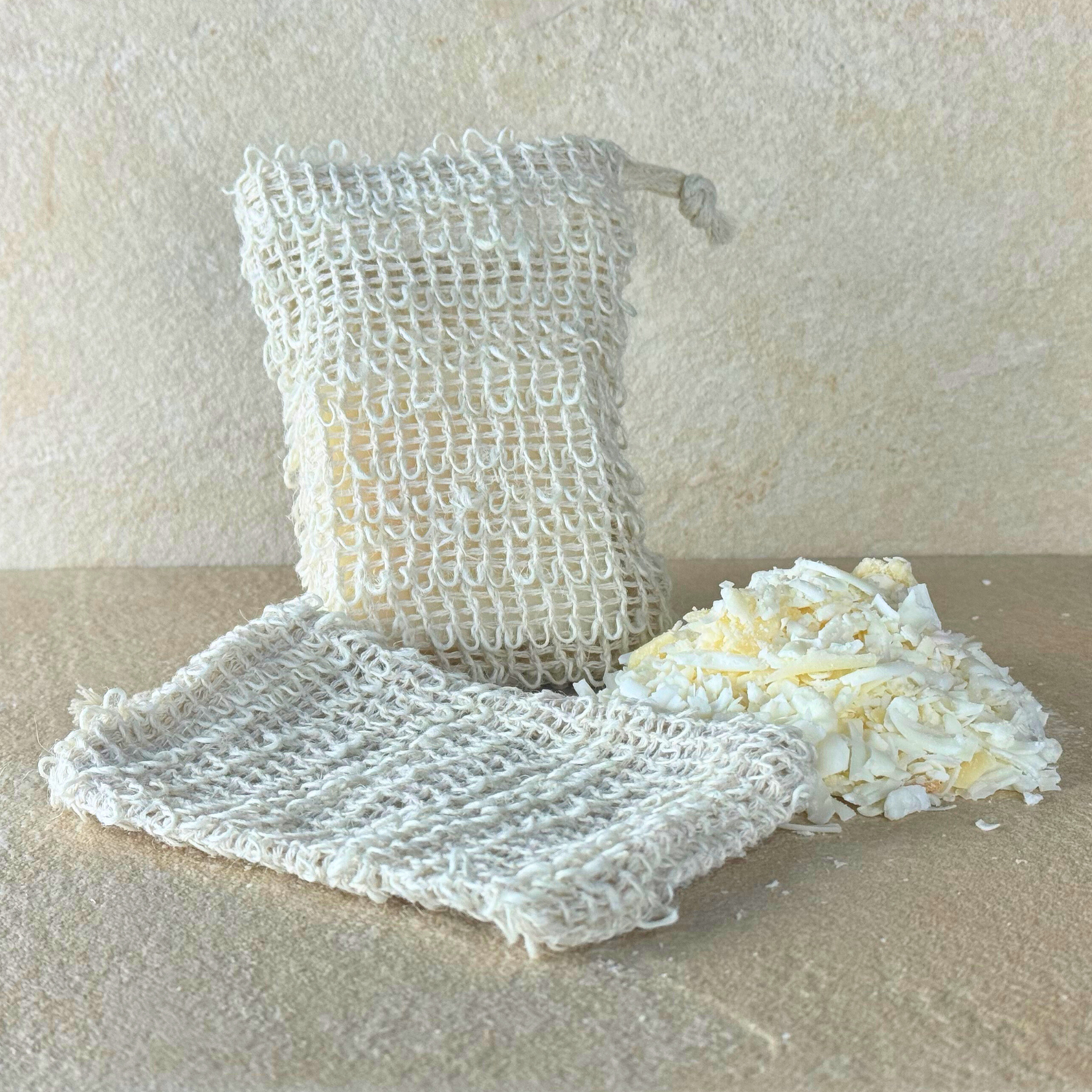 Cotton soap bag made from natural materials, ideal for holding tallow or other soaps to gently exfoliate and lather while cleansing the skin sustainably