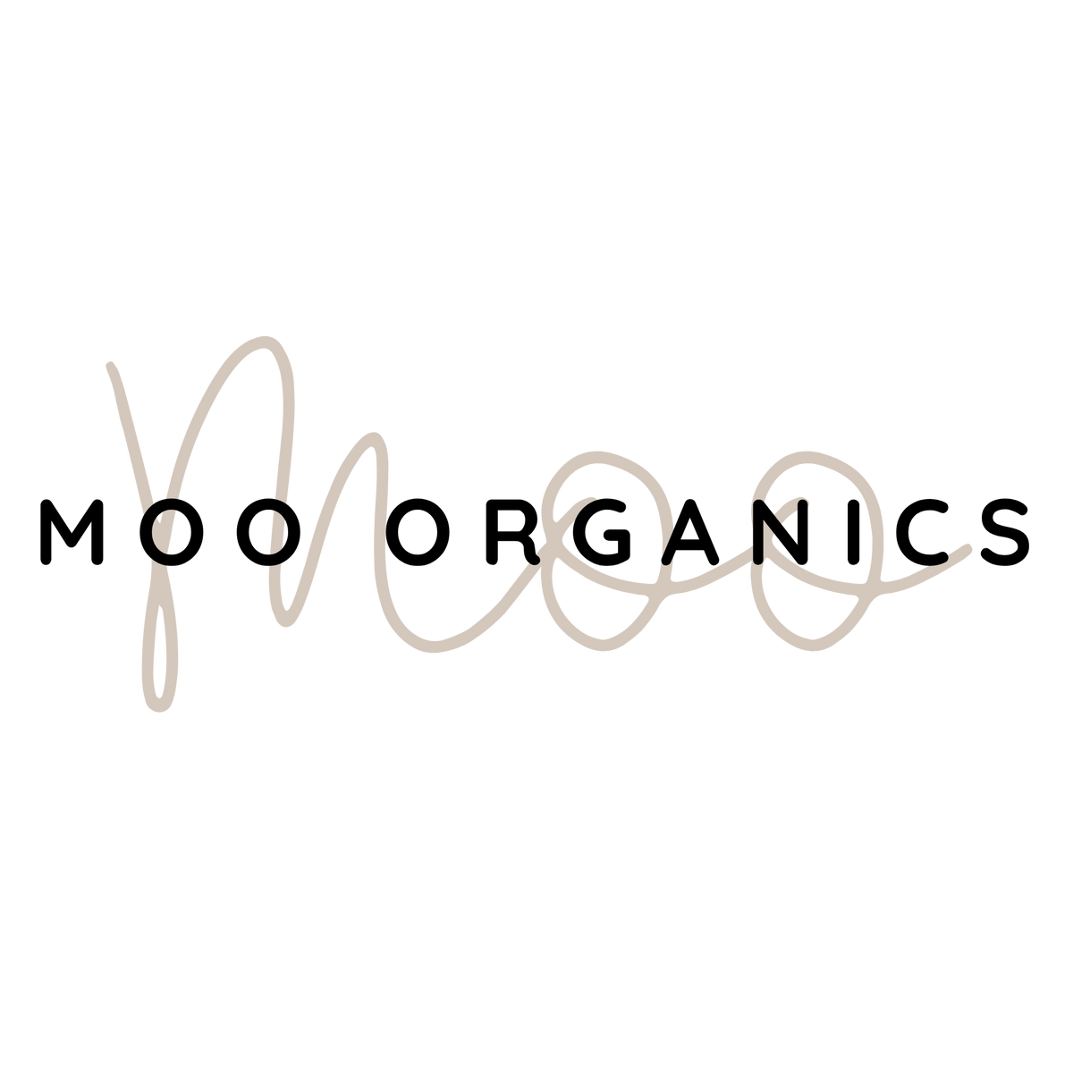 Moo Organics logo on a white background, featuring black sans-serif text 'MOO ORGANICS' overlaid with a light beige cursive scribble behind it.