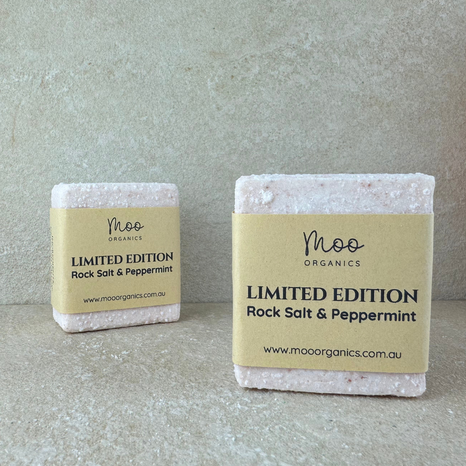 Rock salt and peppermint tallow soap with pink salt, made with grass-fed beef tallow, naturally cleansing, exfoliating, and refreshing the skin while providing a cooling, invigorating sensation